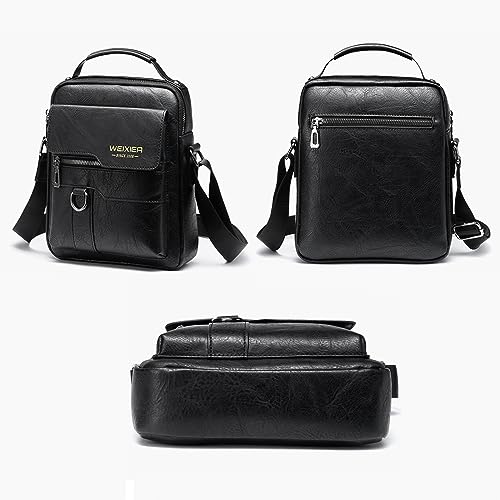 Goodern Messenger Bag for Men,PU Leather Satchel Pouch Side Crossover Handbag Crossbody Shoulder Purse Waterproof Shoulder Backpack Bag Unisex Laptop Bag Chest Casual Daypack for Travel Hiking-Black