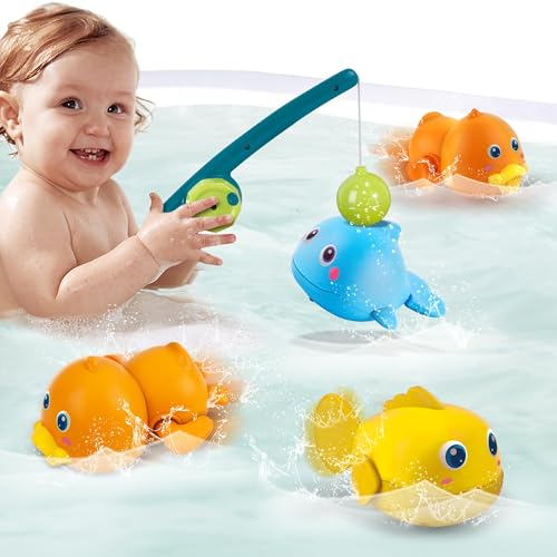 TERRIFI Baby Bath Toys, Magnetic Fishing Games for Kids 1-3 Years Old, Wind Up Swimming Fish, Duck and Whale Floating Water Toys for Infants and Toddlers, Bath Time Shower Gifts