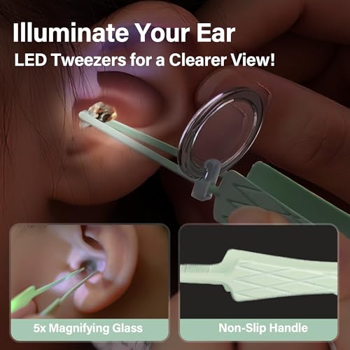 15 Pack Ear Wax Removal Tool Kit with Light - LED Ear Cleaning Kit, Ear Wax Removal for Kids and Adults, Ear Cleaning Tool, Ear Picker Spoon & Ear Tweezers & Spiral Spring Ear Spoon (Green)