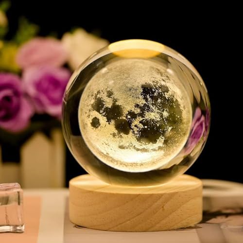 Wisfunlly 3D Crystal Ball Night Light, Moon LED Light with Wooden Base,USB 3D Moon Planets Solar System Universe Lamp for Home Decor Ornaments Birthday Gifts Moon Model(Moon)