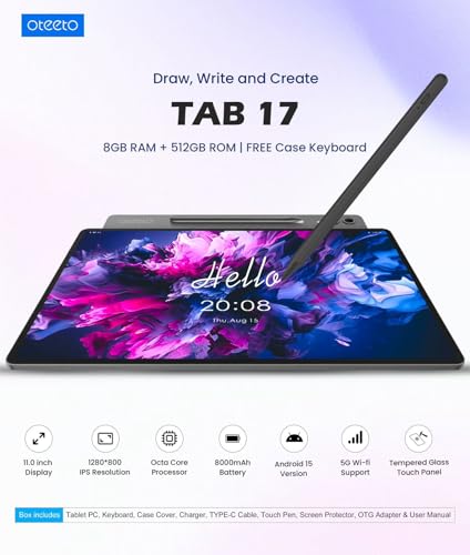 Oteeto TAB 17 Android Tablet, 11-inch Display, 8GB RAM, 512GB Storage, 8000mAh Battery, 5G Wi-Fi, with Keyboard Case & Stylus, Grey