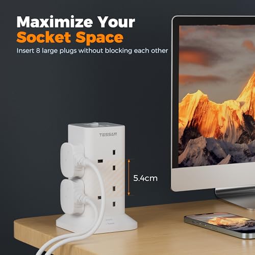 TESSAN Tower Extension Lead with USB C Slots, 8 Way Multi Plug Extension Sockets 2M Cord, Surge Protected Extension Lead with Switch, Multi Extension Plug Tower Power Strip for Home, School Supplies
