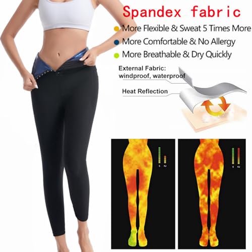 Women's High Waist Sauna Leggings, Tummy Control Compression Pants with Pockets,Blue,X-Large