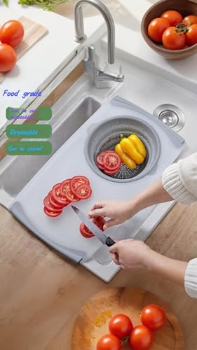 Chopping Board Set, Multi-Use Cutting Board & Strainer, Over-the-Sink or Tabletop, Includes Detachable Foldable Washing Basket Colander, Easy-Store Design for Space Efficiency