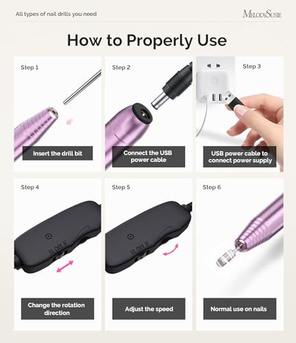 MelodySusie Electric Nail Drill Machine,PC120I Portable Electric Nail File Efile Set for Acrylic Gel Nails, Manicure Pedicure Tool with Nail Drill Bits Sanding Bands Dust Brush (Purple)