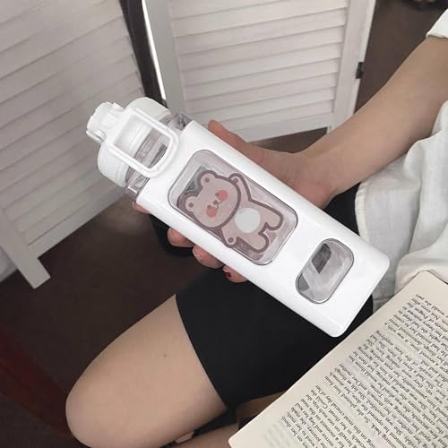 ChicAbode Large Kawaii Water Bottle with Straw and Sticker, Cute Bear Water Bottles, Portable Square Drinking Bottle, Leak Proof Juice Tea Water Cup, for Women and Girl, White, 900ml, 30oz