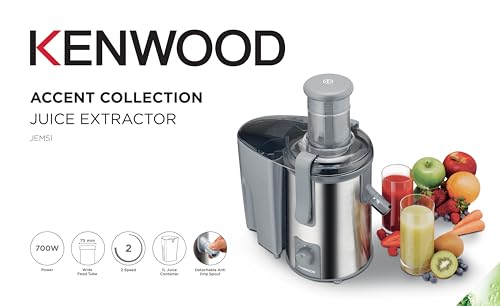 KENWOOD Juicer 700W Stainless Steel Juice Extractor with 75mm Wide Feed Tube, 2 Speed, Transparent Juice Jug, Pulp Container, Anti Drip for Home, Office, Restaurant &Cafeteria JEM51.000GS Grey/Silver