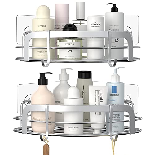 STEUGO Shower Caddy Corner, Bathroom Corner Shower Shelfs, Adhesive Wall Mounted Shower Caddy with 4 Movable Hooks, SUS304 Stainless Steel Bath Storage Shower Organizers, 2 Pack