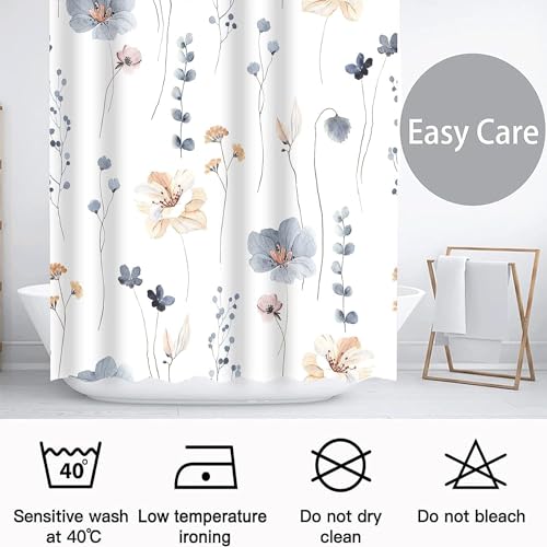ChicAbode Watercolor Floral Shower Curtain Sets,Blue Beige Flowers Bathroom Curtains,Modern Minimalist White Bath Curtain, Waterproof Fabric with 12 Hooks 180x200 cm