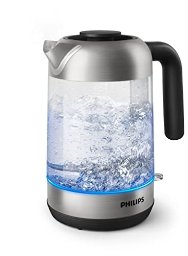 Philips Glass Kettle Series 5000-2200W, 1.7L, Blue Light Indicator, Removable lid, Metal/Transparent - HD9339/81