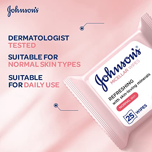 Johnson & Johnson Micellar Wipes Refreshing with Skin-Loving Minerals, Pack of 2x25 Wipes, Suitable_for Normal Skin Types, Gentle Makeup Remover Wipes, Hydrates and Cleanses, Safe_for Sensitive Eyes
