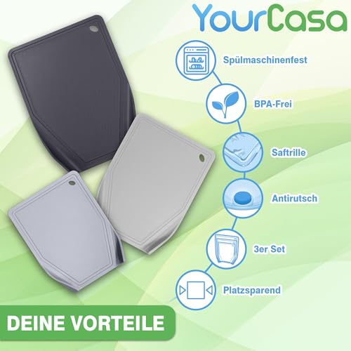 YourCasa 3 x Plastic Chopping Board Set - BPA Free - Chopping Board with Funnel Shape and Juice Groove - Kitchen Board Non-Slip & Dishwasher Safe - Cutting Board - Cutting Mat Kitchen - Non-Slip Board