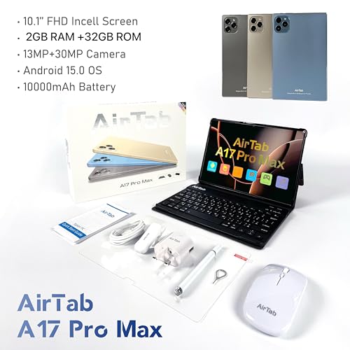 AirTab A17 Pro Max Tablet, 10.1" FHD Screen, 2GB RAM, 32GB Storage, 13MP+30MP Camera, 10000mAh Battery, Android 15