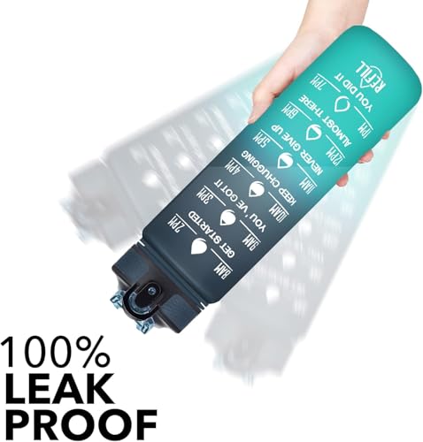 Water Bottle with Time Markers – BPA-Free, Leak-Proof, Reusable, Perfect for Kids, Sports, Gym, Fitness, Office & Daily Use (Dark Blue-Green, 1 Litre/32oz)