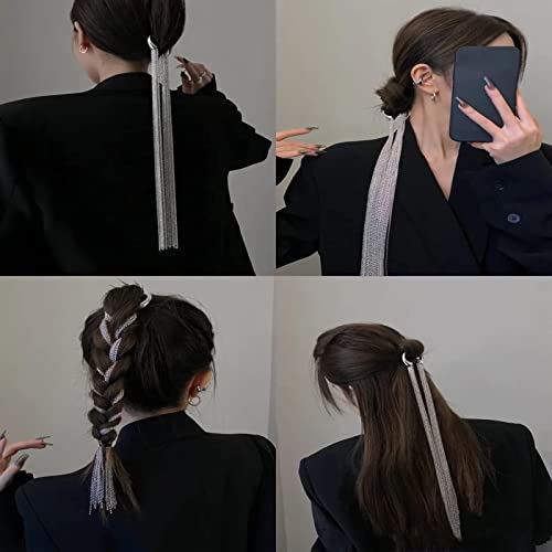 Excefore Punk Tassel Hair Clips Bling Crystal Long Chain With Clips Ponytail Head Chain Decorated Hair Barrette Hairwear Festival Nightclub Party Hair Chain for Women and Girls (Silver)
