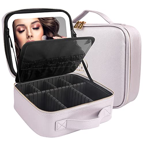 Travel Makeup Bag Cosmetic Bag Makeup Organizer Bag with Lighted Mirror, Adjustable Brightness in 3 Color Scenarios, Waterproof Makeup Train Case, Gift for Women