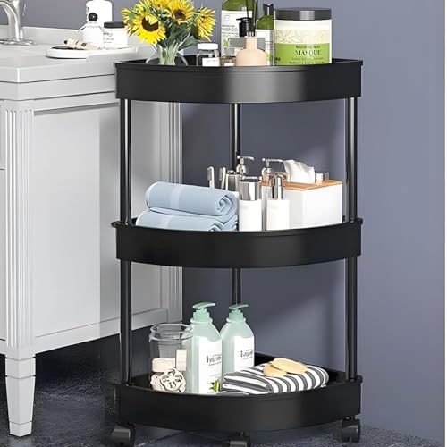Aputue Shower Caddy Corner Shelves, 3-Tier Black Bathroom Shelving Unit Cart with Wheel, Plastic Shower Caddy Organizer Shelf, Rust Proof Corner Open Storage Cart for Bathroom, Kitchen