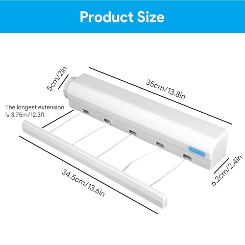 Joyzzz Telescopic Clothesline, Adjustable Length Automatic Telescopic Clothesline, White Plastic Clothes Drying Rope, 5 Line Easy Installation Wall Mounted Clothes Hanging Line
