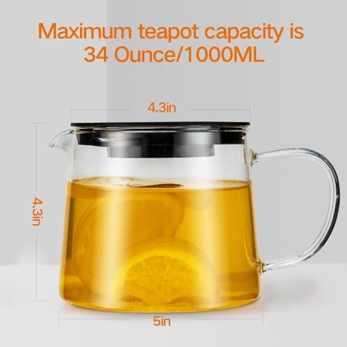 Azonee Glass Teapot With Removable Infuser, Heatproof Borosilicate Tea Maker, Stovetop Safe Kettle for Loose and Blooming Leaf (1000ml/33OZ)
