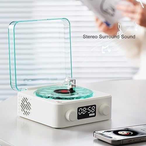 XUMIUZIY Waves Player, Waves Bluetooth Speaker with Ambient Light & Display Screen, Portable Stereo Sound Vintage Record Player Speaker, for Bedroom,Office,Party,Relaxing,Christmas (White)