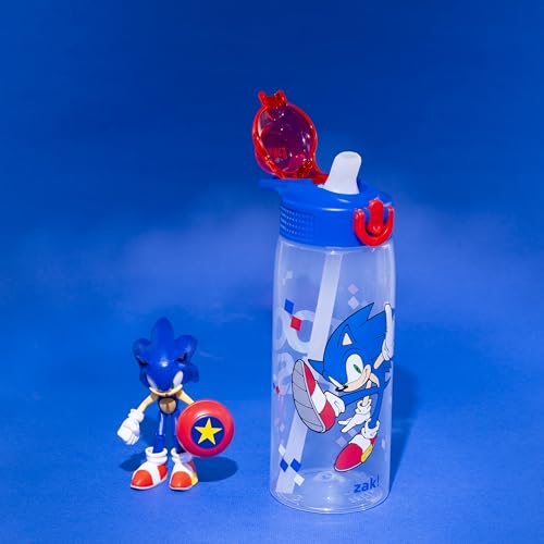 Zak Designs Sonic the Hedgehog Sage Water Bottle For School or Travel, 25oz Durable Plastic Water Bottle With Straw, Handle, and Leak-Proof, Pop-Up Spout Cover (Sonic)