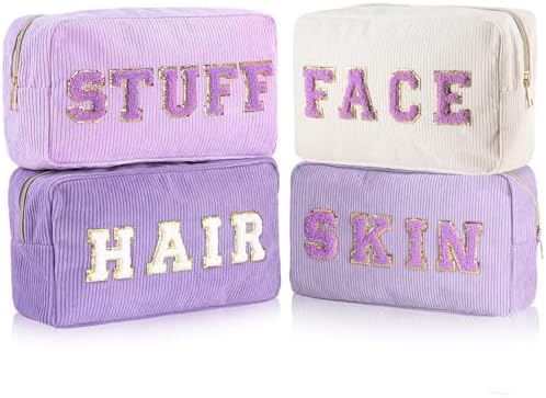 Pinkunn 4 Pcs Preppy Makeup Bags Christmas Chenille Letter Bag Face Skin Hair Stuff Cosmetic Bag Corduroy Makeup Pouch with Zipper Birthday Gifts for Women(Purple, Pink, White, Blue,Corduroy)