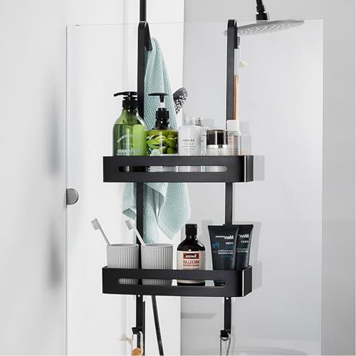 U-HOOME Shower Caddy Over The Door Hanging Shower Organizer Shelf Basket Storage Rack with Suction Cup,Bathroom Shelves Basket Rack Drill Free Pantry Organizer Rack (Black)