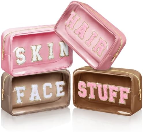 Pinkunn 4 Pcs Preppy Makeup Bags Christmas Chenille Letter Bag Face Skin Hair Stuff Cosmetic Bag Corduroy Makeup Pouch with Zipper Birthday Gifts for Women(Purple, Pink, White, Blue,Corduroy)