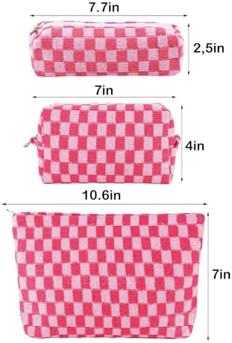 ZLFSRQ 3Pcs Checkered Makeup Bag for Women Large Cosmetic Bag Set Travel Toiletry Bag Makeup Pouch Bag for Purse Pink Zipper Storage Bag Organizer Cute Small Aesthetic Girls Car Essentials Bag