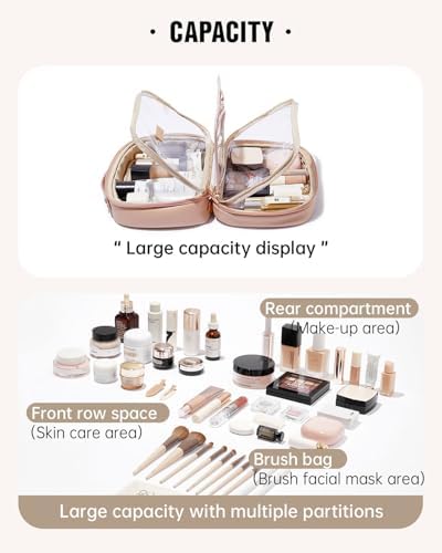 EACHY Travel Makeup Bag,Large Capacity Cosmetic Bags for Women,Waterproof Portable Pouch Open Flat Toiletry Bag Make up Organizer with Divider and Handle