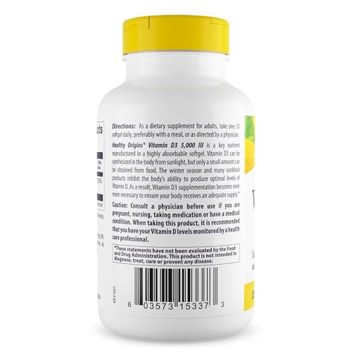 Healthy Origins Vitamin D3 5,000 IU - Bone Health and Immune Support Supplement - Easily Absorbable Vitamin D Supplements - Gluten-Free Vitamin D3 Supplement - 360 Softgels