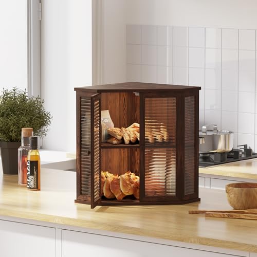 Aycarzcy Corner Bread Box for Kitchen Countertop, Large Wood Bread Storage Container Breadbox for Homemade Bread (Brown)