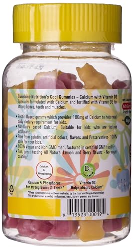 Sunshine Nutrition Cool Gummies Calcium With D3 For Kids, 60 Gummies | No Sugar Coating | Vegan | All Natural Flavor