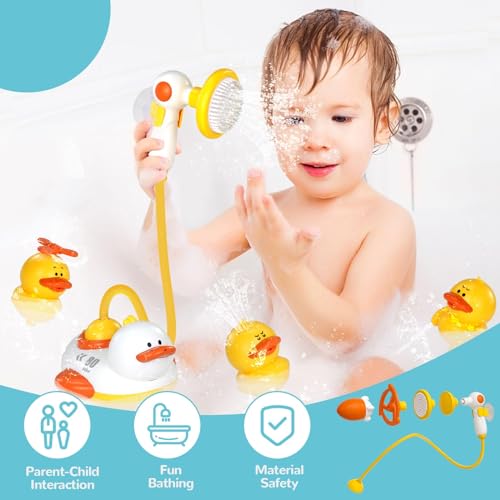 KASTWAVE Bathtub Toys for Kids, Multifunctional Toddlers Shower Sprayer, Yellow Duck Bath Toys with 3 Bath Ducks & 4 Toddlers Shower Sprayer, Water Toys Shower Head