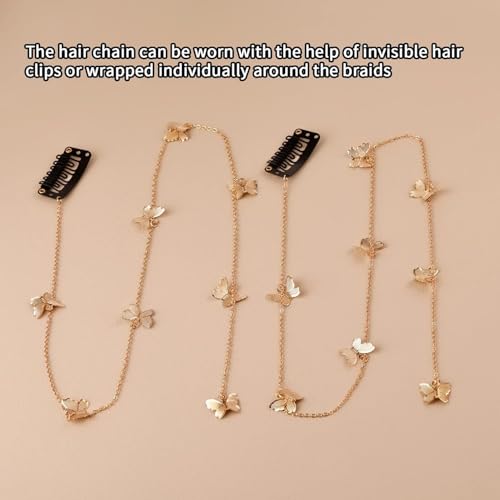 ChicAbode 4pcs Butterflies Hair Braided Chain, Rhinestones Hair Jewelry, Gold Butterflies Hair Clips, Hair Gold Chain Accessories, Dainty Tassel Hair Accessories for Girls Women Gift