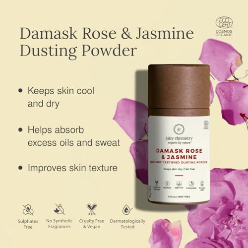Juicy Chemistry Organic Dusting Powder, Damask Rose & Jasmine Talc Free Powder, 35 gms Body Powder for Dry and Cool Skin