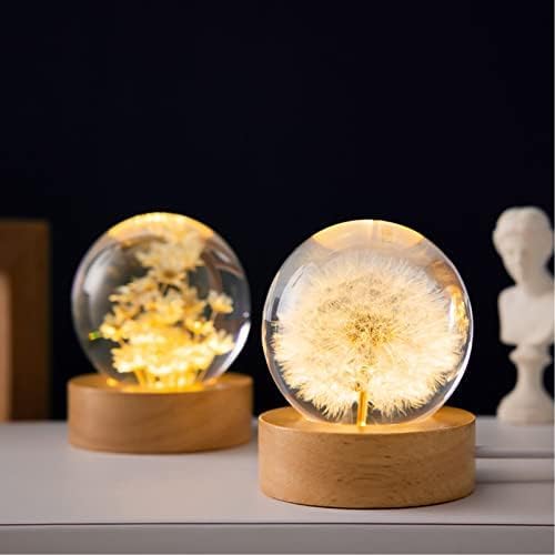 MARZIUS Flower Crystal Ball Night Light,2.4 inch Glass Ball Night Lamp with Woodern Base,Decorations Gifts for Men,Women,Kids,Boys,Girls,Teens (Red Daisy)