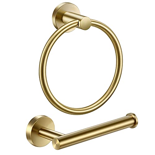 Pynsseu 304 Stainless Steel Bathroom Hardware Accessories Set Brushed Gold 2-Piece Set Includes Hand Towel Ring Toilet Paper Holder Wall Mount Heavy Duty Storage Stainless Steel