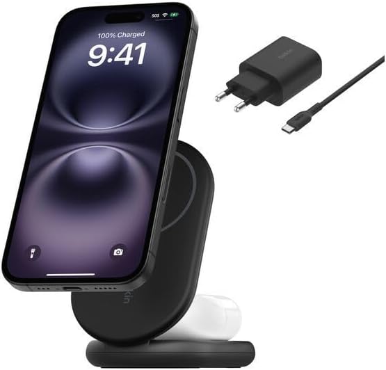 BoostCharge Magnetic Foldable Qi2 Charger 2 in 1 Power 15W MagSafe Compatible Wireless Charger for Apple iPhone 16/15/14/13 with Non-slip Base, Power Supply Included - Black - Black