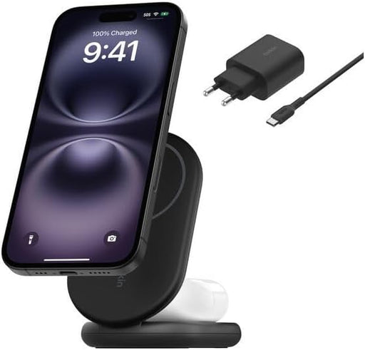 BoostCharge Magnetic Foldable Qi2 Charger 2 in 1 Power 15W MagSafe Compatible Wireless Charger for Apple iPhone 16/15/14/13 with Non-slip Base, Power Supply Included - Black - Black