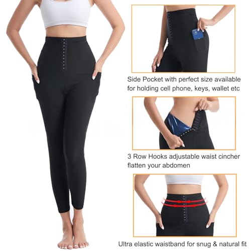 Women's High Waist Sauna Leggings, Tummy Control Compression Pants with Pockets,Blue,X-Large