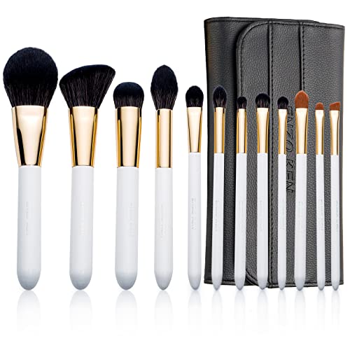 ENZO KEN White and Gold Organic Makeup Brush Set by, 12 Piece Pearls Eyeshadow Brush Sets with Trave Case, Large Thick Face Contour Brushes with Roll up Bag - Professional Basic Sets & Kits