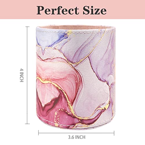 WAVEYU Pen Holder for Women Girls, Pencil Cup Pink Desk Decor, Makeup Brush Holder Large Pu Leather Multi-Functional Organizer Cup for Office, Classroom, Home, Colorful Marble