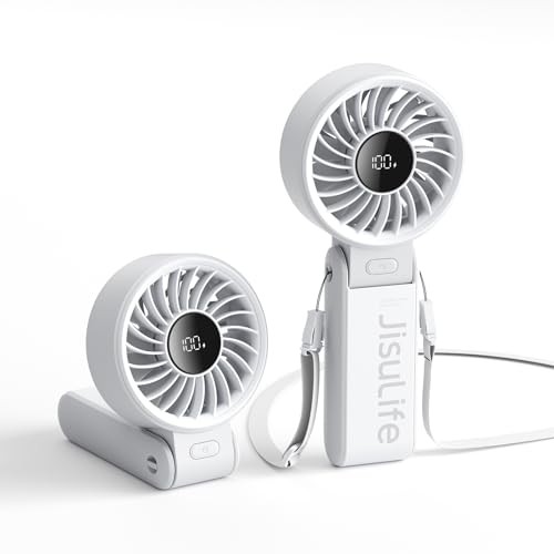 JISULIFE Handheld Fan Life7,2024 Powerful Portable Fan with LED Display,3600mAh,150°Folded,5 Speeds,Lanyard[13Hrs Max Cooling]3-IN-1 Hand/Desk/Neck Fan,Summer Essentials for Travel,Concert,Lash(Grey)