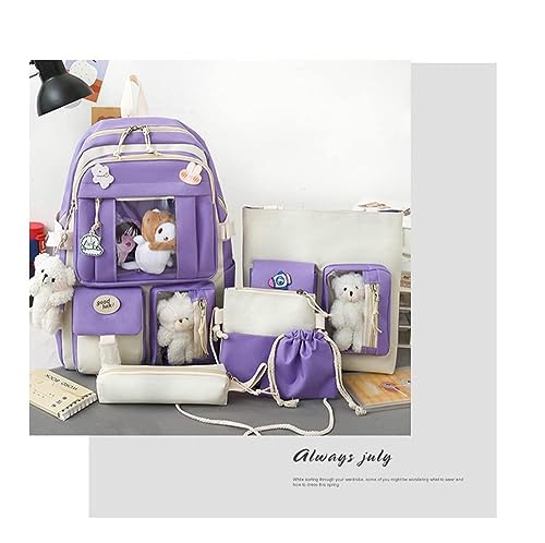 TOMVAES 5 Pcs School Book Bag Set,Bear Pendant Canvas Combo,School Backpack Bag,Girl Student Tote Crossbody Daypack Boy Pencil Case,Girls schoolbag School Shoulder Bags Backpack