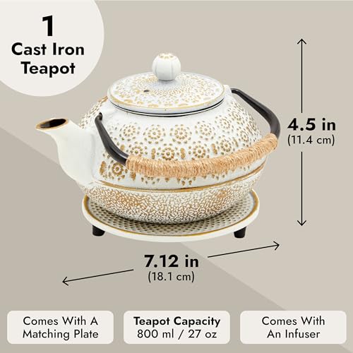 Juvale White Cast Iron Japanese Teapot with Handle, Infuser, and Trivet (800 ml, 27 oz)