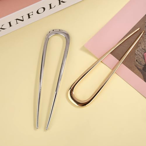 PEUTIER 2pcs Metal French Hair Pins for Thick Hair, U-Shaped Stick Hair Pins Metal French Twist Hair Pin Fork for Women Girls Hair Types Styling Hair Accessories (1 Gold & 1 Silver)