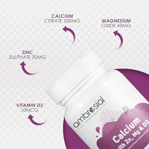 Ambrosial Calcium Magnesium Zinc & Vitamin D3 | High Potency calcium supplement for Healthy Bones, Muscles & Teeth | Highly Bioavailable Calcium citrate formula | Pack of 1-120 Softgels
