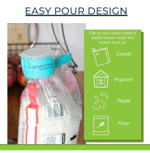 COOK IT WELL® Pouring Clips Set of 3 ? Food Bag Sealing Clips with Pour Spout for Cereal, Snacks, Chips, Dry Fruits & More ? Reusable, Easy-to-Use Food Storage Clips