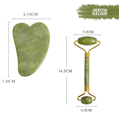 REVHQ Jade Roller for Face and Gua Sha Set Face Roller Natural Jade Stone for Anti Aging,Eye Puffiness Wrinkles,Skincare Massage Tools for Face Eyes